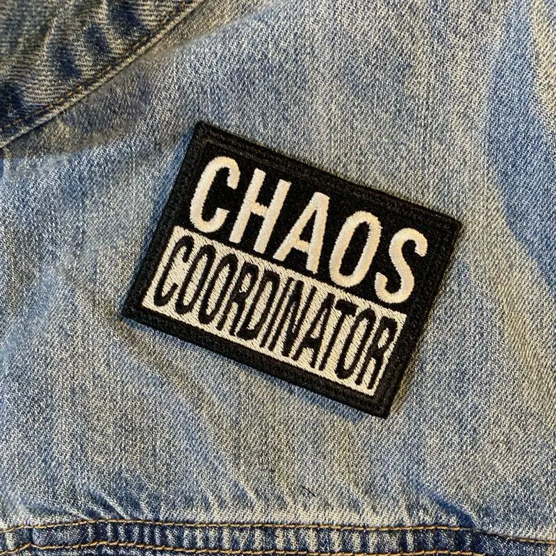 Quirky Design Chaos Coordinator Embroidered Phrase Applique - Durable Sewing Accessory with Iron-On, Sew-On, Hook Backing, 3.02in x 2.22in for Bags, Hats