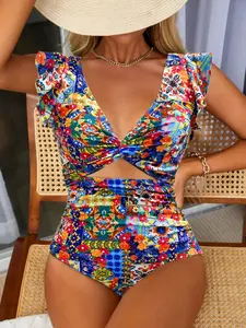 Women's Patchwork Print One-piece Swimsuit, Tropical Print Swimsuit, Casual Swimwear for Beach Holiday Vacation, Ladies Swimsuit for All Seasons, Bathingsuit