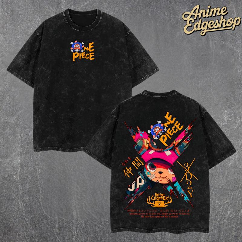 Retro Vintage Limited Tony Chopper One Piece Double Sided Print Oversized Acid-Washed Heavyweight Cotton Hoodie & T-Shirt – Unisex Anime Manga Tee, Perfect Gift for Anime Fans and Lovers Menswear Tops