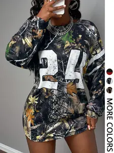 Women's Fall Casual Streetwear Sporty Style Round Neck Long Sleeve Off-Shoulder Ultra Loose T-Shirt, Full Print Camo Y2K Tee