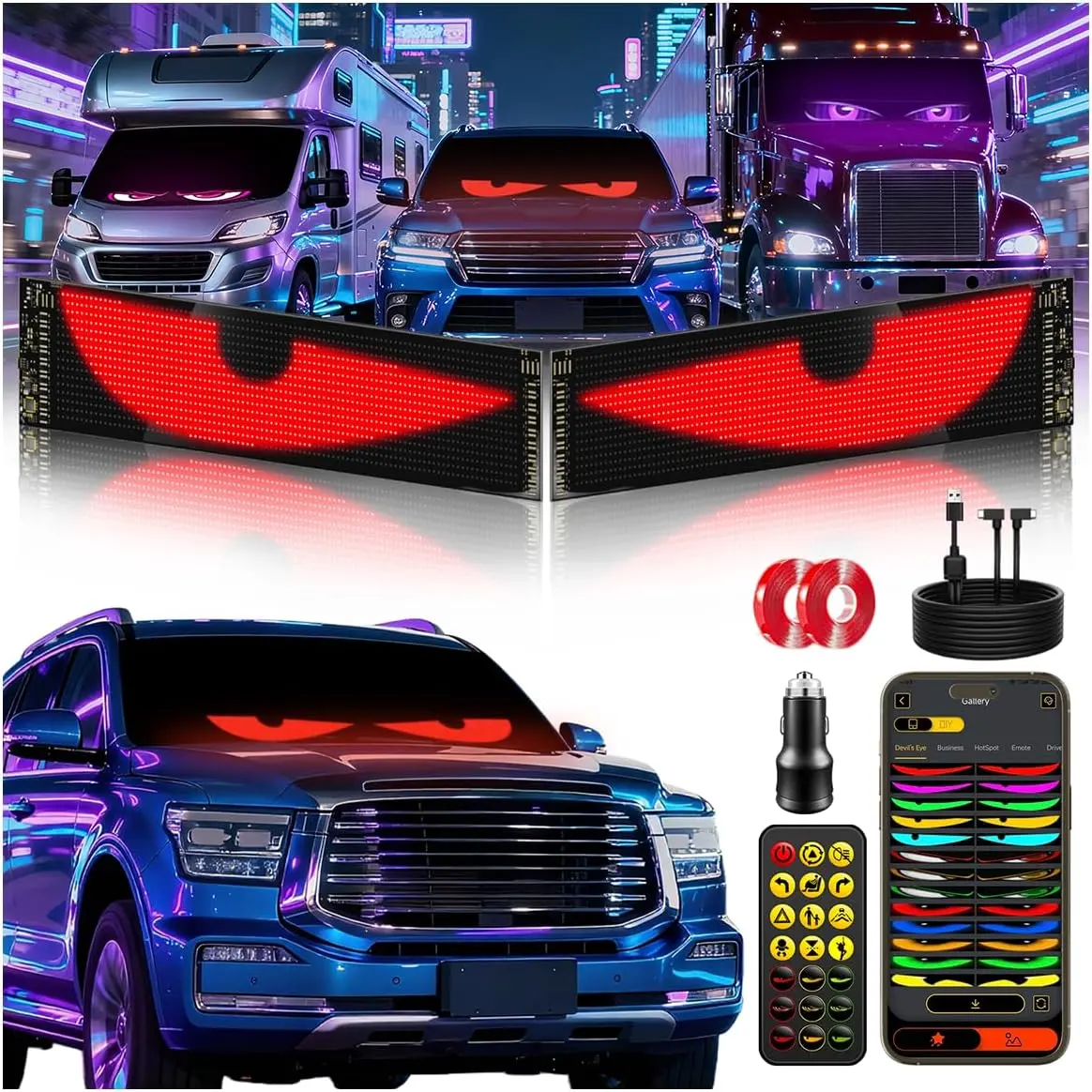 LED Devil's Eyes Light for Windshield, 5V USB Programmable LED Waterproof Flexible Digital Display Signs, Remote APP Control Cool Decor for Cars/Truck