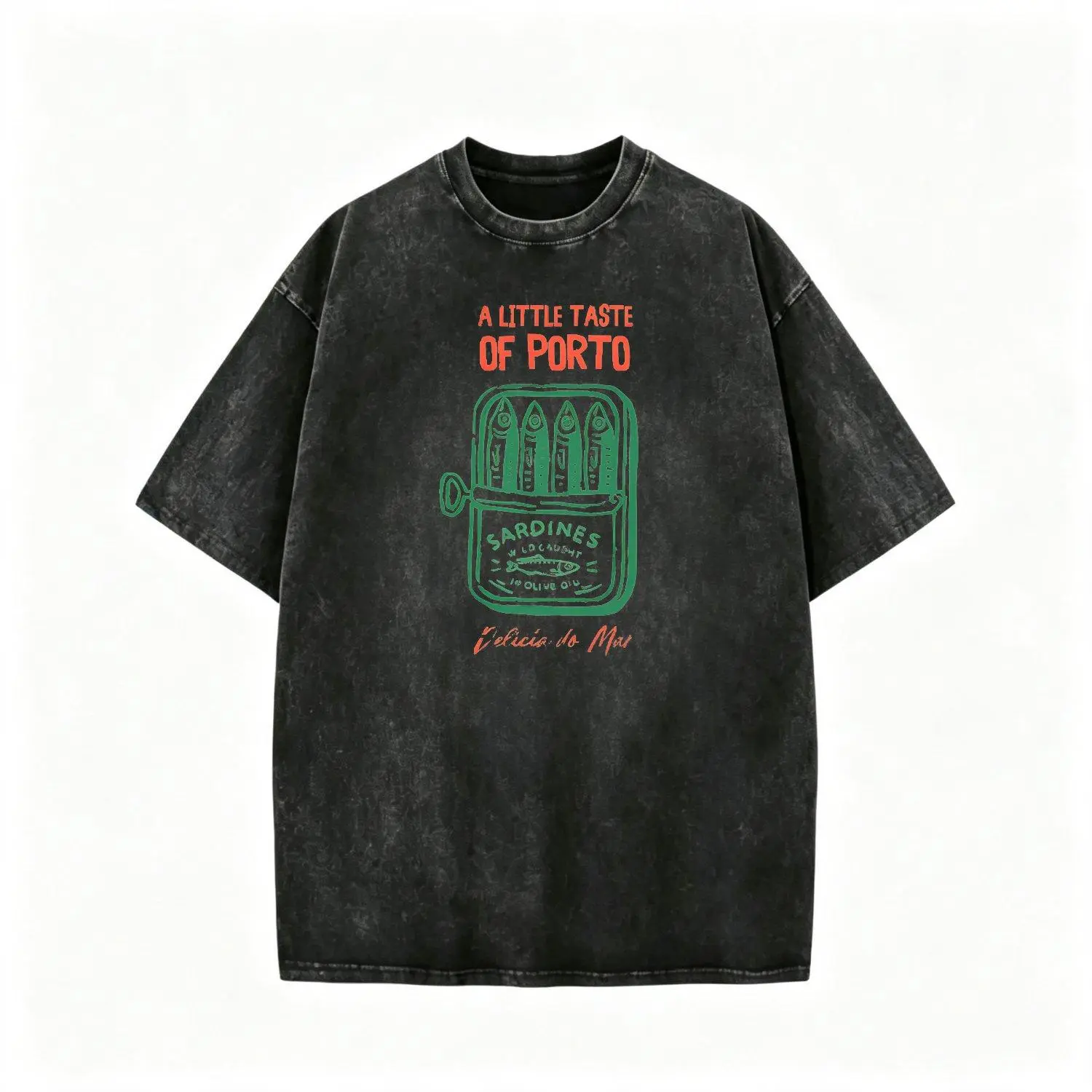 Men's Washed T Shirt Culinary Inspired Design Celebrate Porto Sardine Delight Vintage Style Casual Tee with Classic Seafood Themed Graphic for Everyday Wear