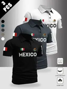 Men's Casual Short Sleeve Polo Shirt Set, Classic Mexican Flag Design, High Quality Comfortable Fabric, Ideal Gift for Friends and Elders