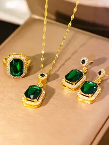 Emerald Color Non-Fading Pendant Necklace Set for Women, Elegant Jewelry Trio with Earrings and Ring, Versatile High-End Accessories Matching Jewelry Set