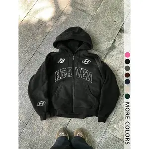 Unisex street-style hooded sweatshirt for fall and winter with “Heaven” letter print, long sleeves, zipper design—casual sportswear gift from GARMENTARY