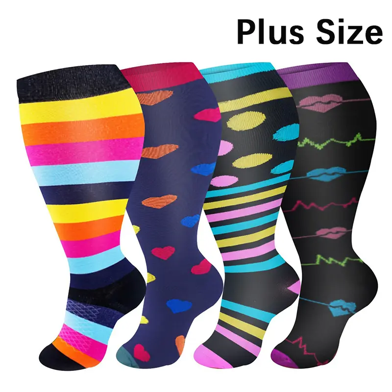 4 Pairs Plus Size Wide Calf Compression Socks for Women - Knee High Support for Circulation ，15-25mmHg Graduated Compression
