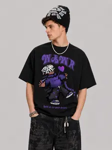 Men's  Stree twear T-Shirt Compatible for Urban Fashion - Graffiti Lettering & Cartoon Character Print Short Sleeve Tee, Loose Fit Round Neck Summer Casual Shirt with Urban Aesthetic - Ideal for Outings & Parties