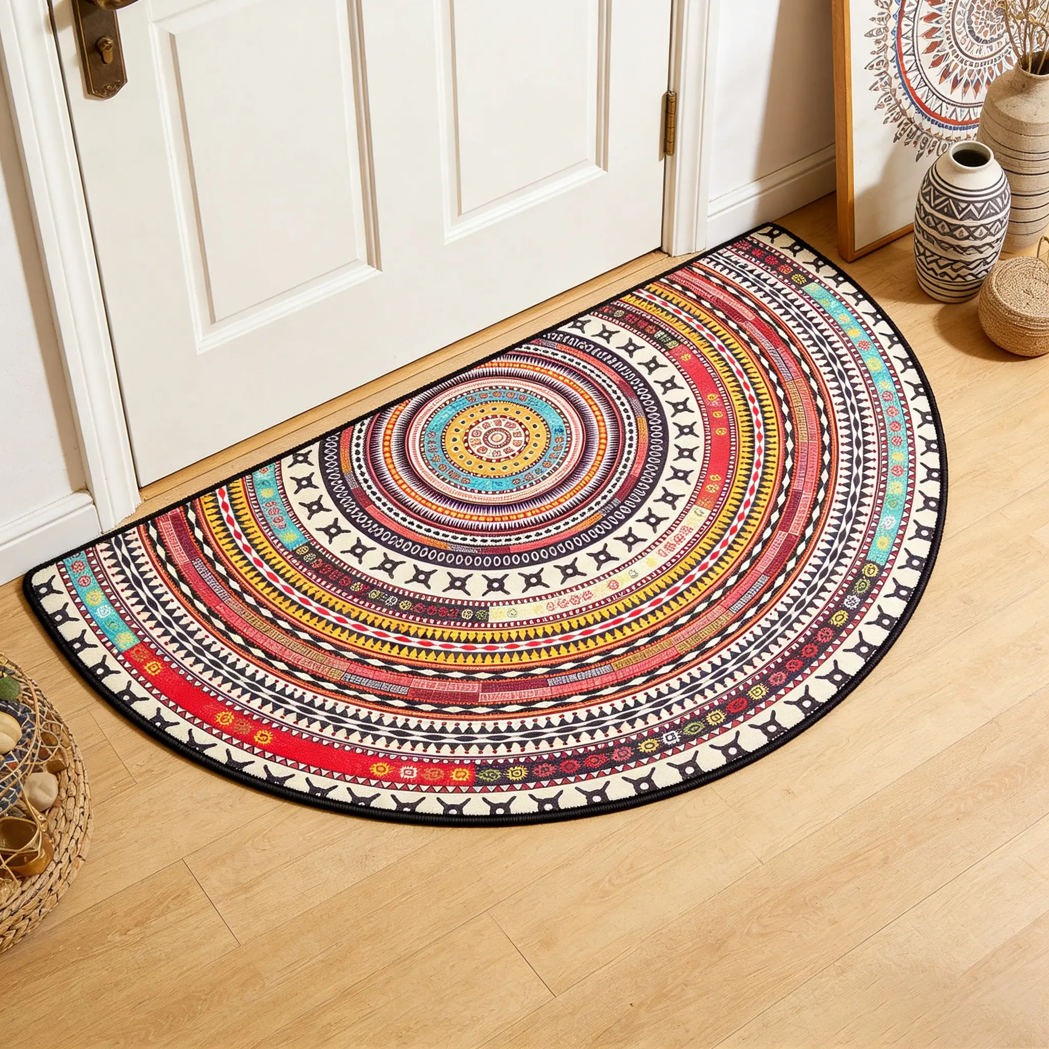 Vintage Ethnic Half Round Door Mat, Mosaic Pattern Carpet, Vintage Boho Rug, Boho Style Rug, Home Decor Rugs, Home Decorative Rug, Comfortable Hand Wash Only, Ideal for Living Room Bedroom Bathroom Kitchen Corridor