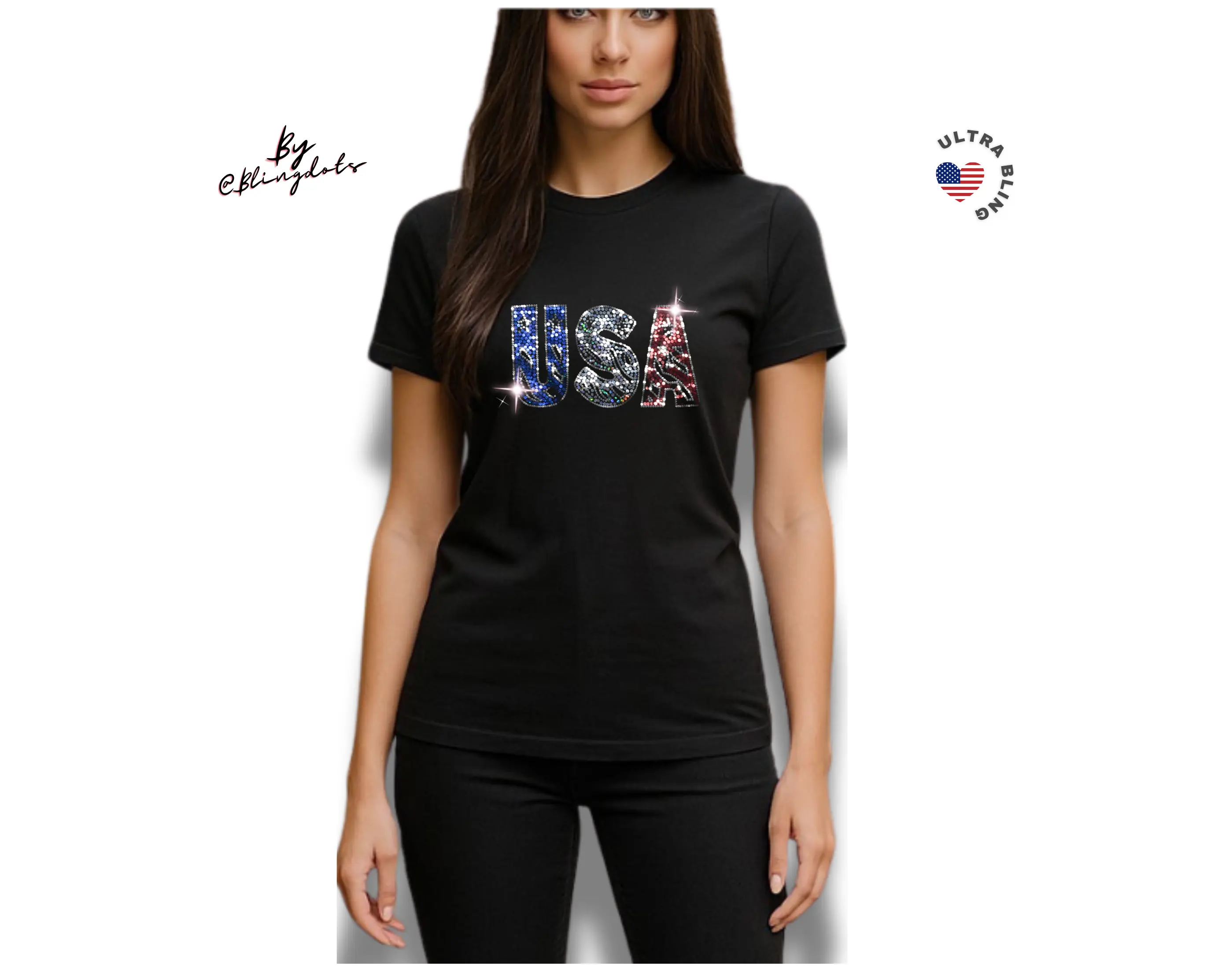 USA Bling Shirts women Holographic Sequin Tee  Red, White & Blue Sparkle glitter Women's casual short sleeve tee Comfortable unisex T-shirt round neck tee women s fourth of july shirts Casual Graphic Short Sleeve T-Shirt Independence Day Patriotic T-Shirt