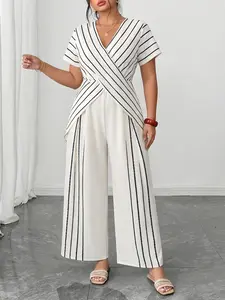 Plus Size Women's V Neck Striped Short Sleeve Jumpsuit, Wide Leg, Hidden Zipper, Split Hem, Elegant Chic Loose Fit, Casual Office Wear