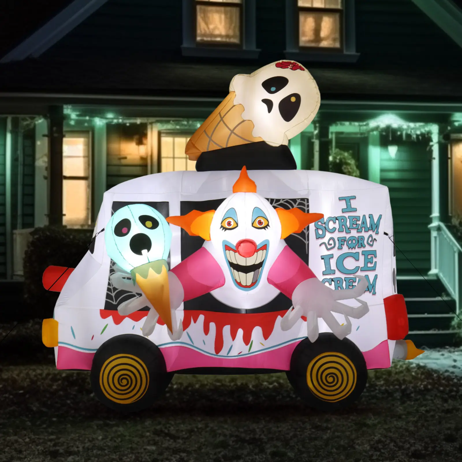 8ft Spooky Standing Clown Ice Cream Truck Halloween Inflatable Yard Decor, High-Quality Waterproof Polyester, LED Light, Ground Stake, Easy Setup