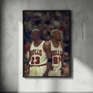 Michael Jordan and Dennis Rodman Poster - Iconic Chicago Bulls Duo Wall Art, Vintage 90s Basketball Print for Gym, Man Cave Sports Decor.