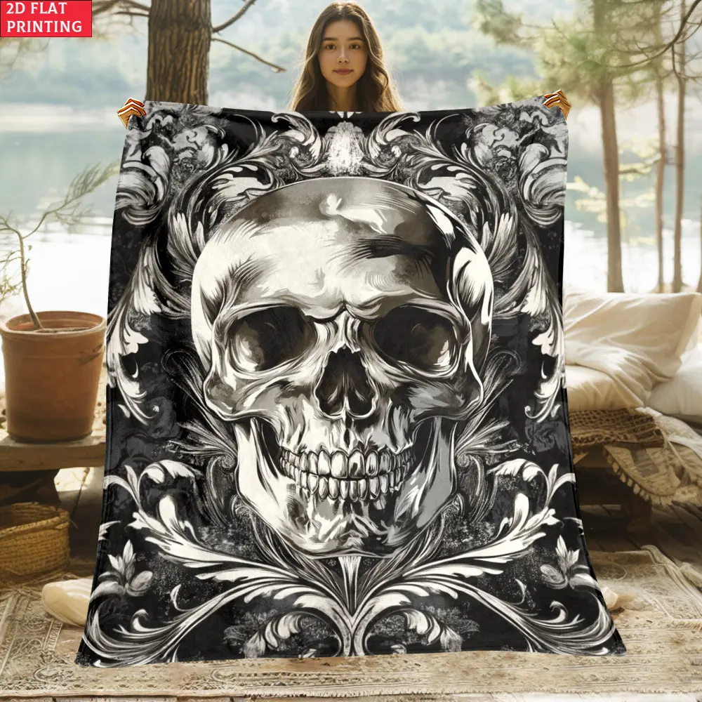 Gothic Skull Flannel Throw Blanket - Soft, Black-White Skull Floral Print, Unisex Cozy Gift for Gothic Decor Lovers, Halloween Room Decor for Any Bed/Couch/Dorm, Lightweight Warm Throw for Movies & TV