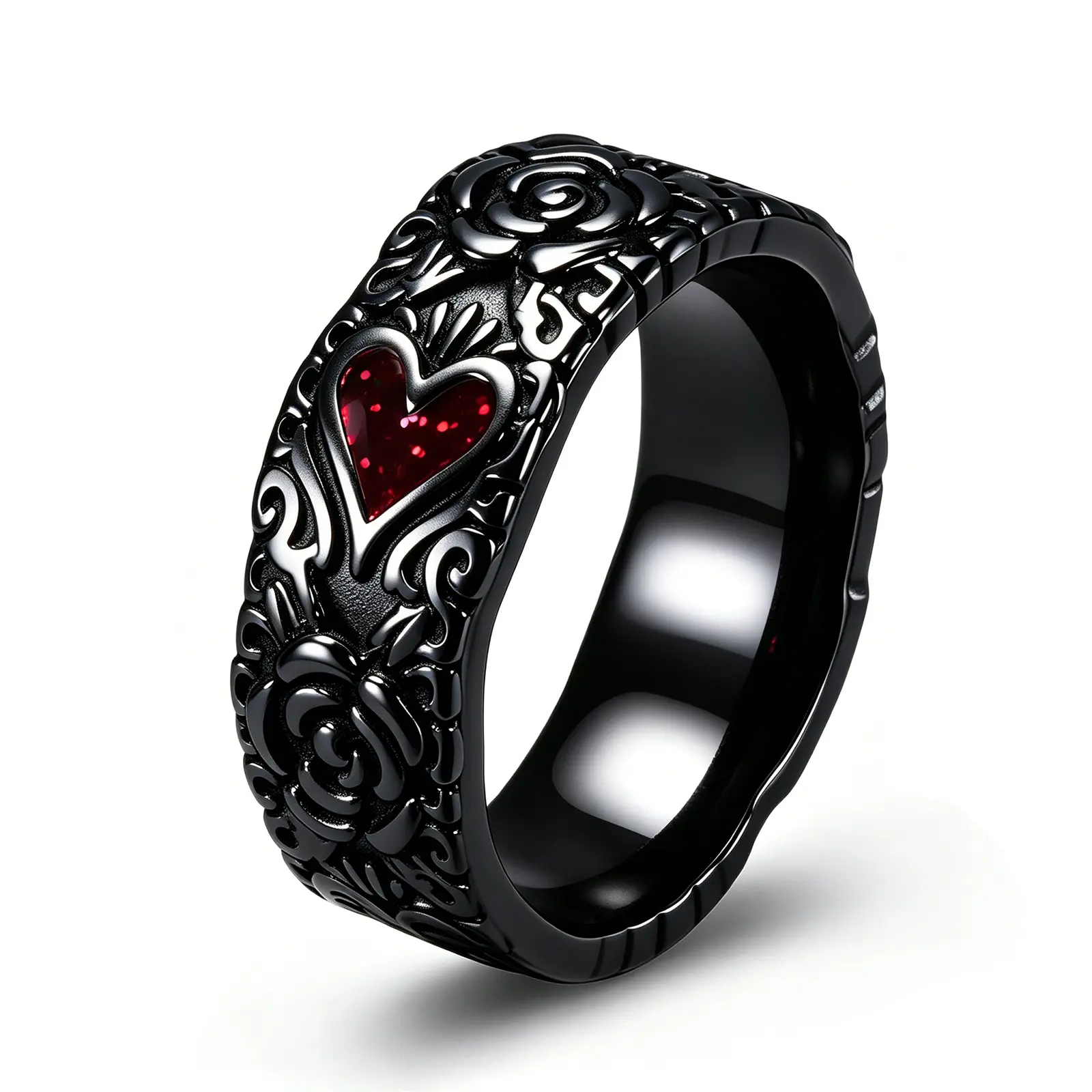 Elfasio Gothic Heart Rose Ring for Women Red Enamel Goth Statement Ring Silver Black Vintage Chunky Goth Y2K Punk Dark Rock Jewelry Stainless Steel Birthday Holiday Gifts Size