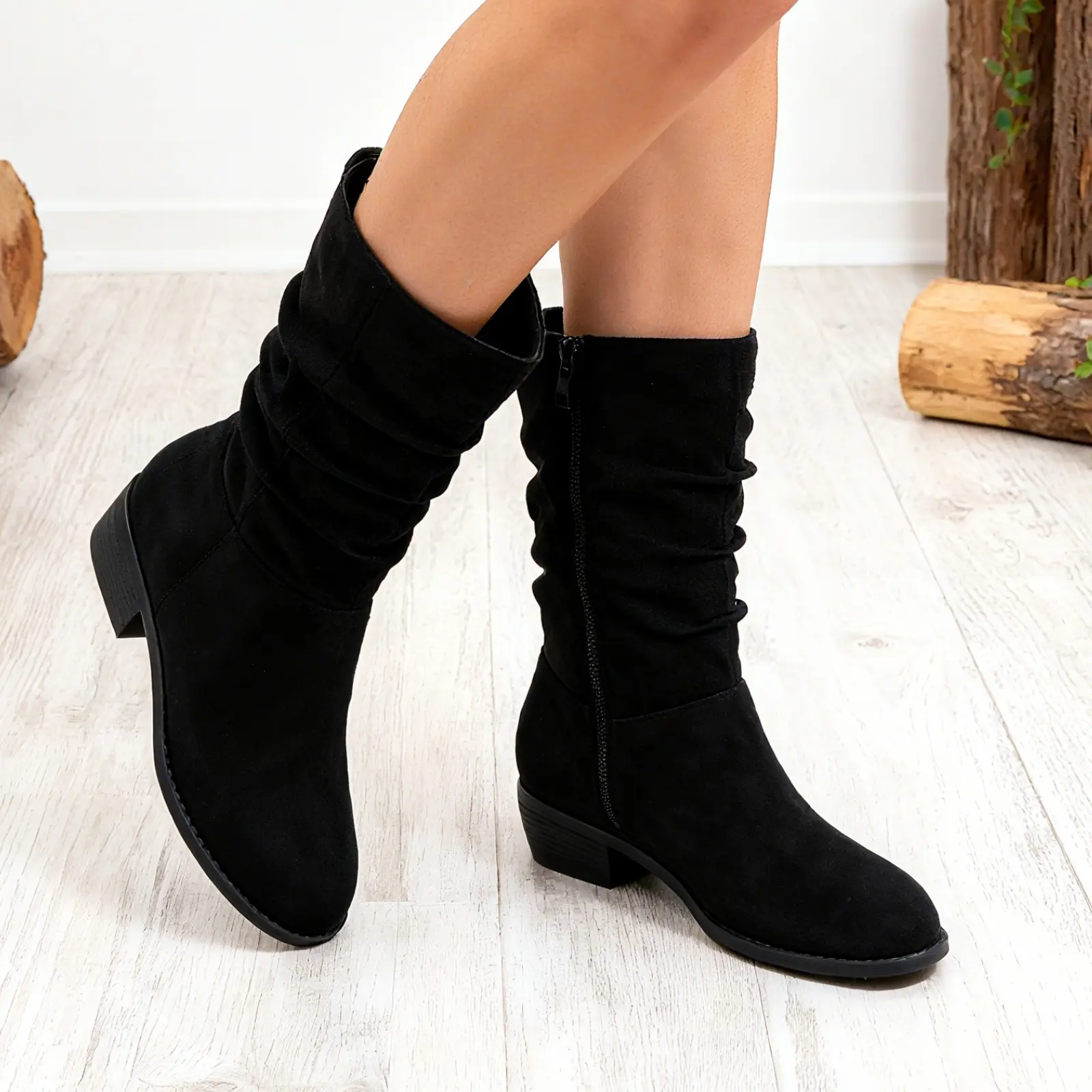 Women's Slouchy Mid-calf Boots Wide Calf Solid Color Round Toe Low Chunky  Block Heel with Side Zipper Fall Winter Girl Fashion Comfortable Dress  Jumping Shoes Footwear for Daily Wear Christmas Gift -