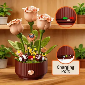 Creative Floral Assembly Kit with Lighting and Blooming Animation Effects, Includes Remote-Controlled Watering Can (with Watering Sound Effects), Blooming Rose Building Block Gift Set, 334 Pieces