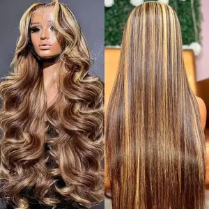 Ombre Brown Highlight 13x4 HD Lace Front Human Hair Wigs Pre Plucked Body Wave 30 Inch Brazilian Transparent Lace Frontal Wig For Women Straight