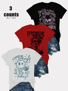 Breathable Casual T-Shirt, Streetwear, Loose Fit Round Neck Design, Skull Smiley Print, Daily Wear, Fashion Comfort Versatile Top, 3 Pack