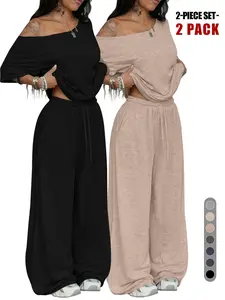 Two Piece Matching Casual Loungewear Sets For Women Vacation Airport Fall Outfits Off Shoulder Sweatshirt Wide Leg Elastic Sweatpant Set Womenswear