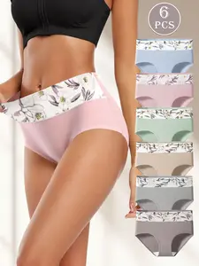 Hotcom Women's Plus Size Lady High-Waist High-Cut Floral Print Patchwork Panties, 3/4/6/8-Pack Tight Fit Soft Comfortable Breathable Briefs, XS-XXXL Underwear for Daily Wear, Breathable Panty,summerwins