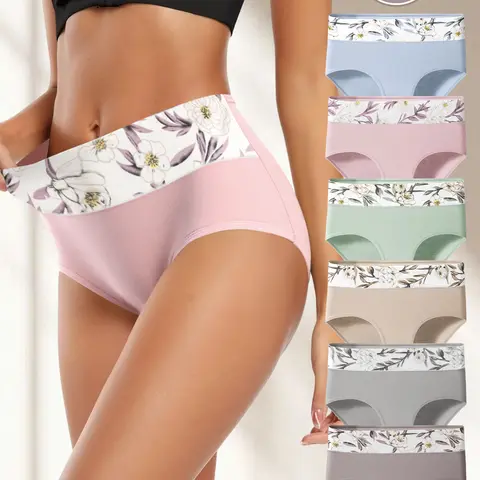 Hotcom Women's Plus Size High Waisted Panties - Soft Floral Print Patchwork Cotton Underwear Batch, Comfortable Breathable Retro Chic Tight Fit, 3/4/6/8-Pack All Seasons Briefs for Daily Wear, Plus Size XS-XXXL, Panty