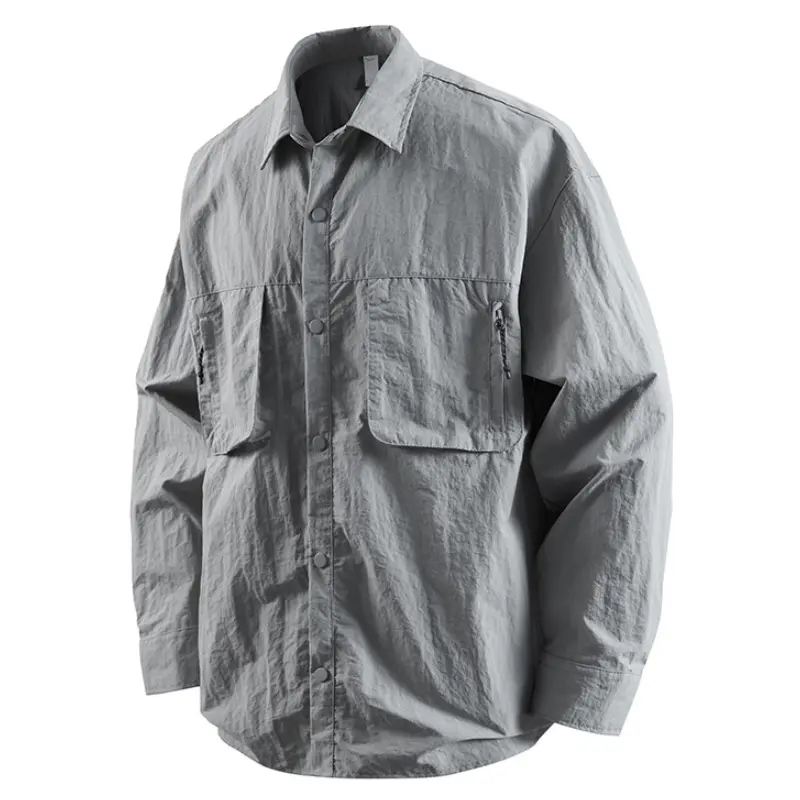 functional cargo long‑sleeve shirt, turn‑down collar, snap‑button front placket, large zipper‑decorated chest flap pockets, lightweight crinkled quick‑dry fabric,  utility outdoor hiking casual button‑down shirt jacket # sohochic