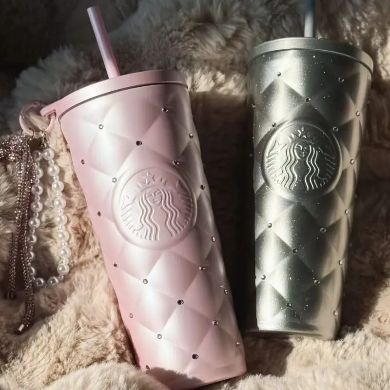 Starbucks 20 oz Rhinestone Quilted Cold Cup With Straw, Pink Silver Sparkly Studded Tumbler, Reusable Iced Coffee Travel Cup, Cute Gift for Women