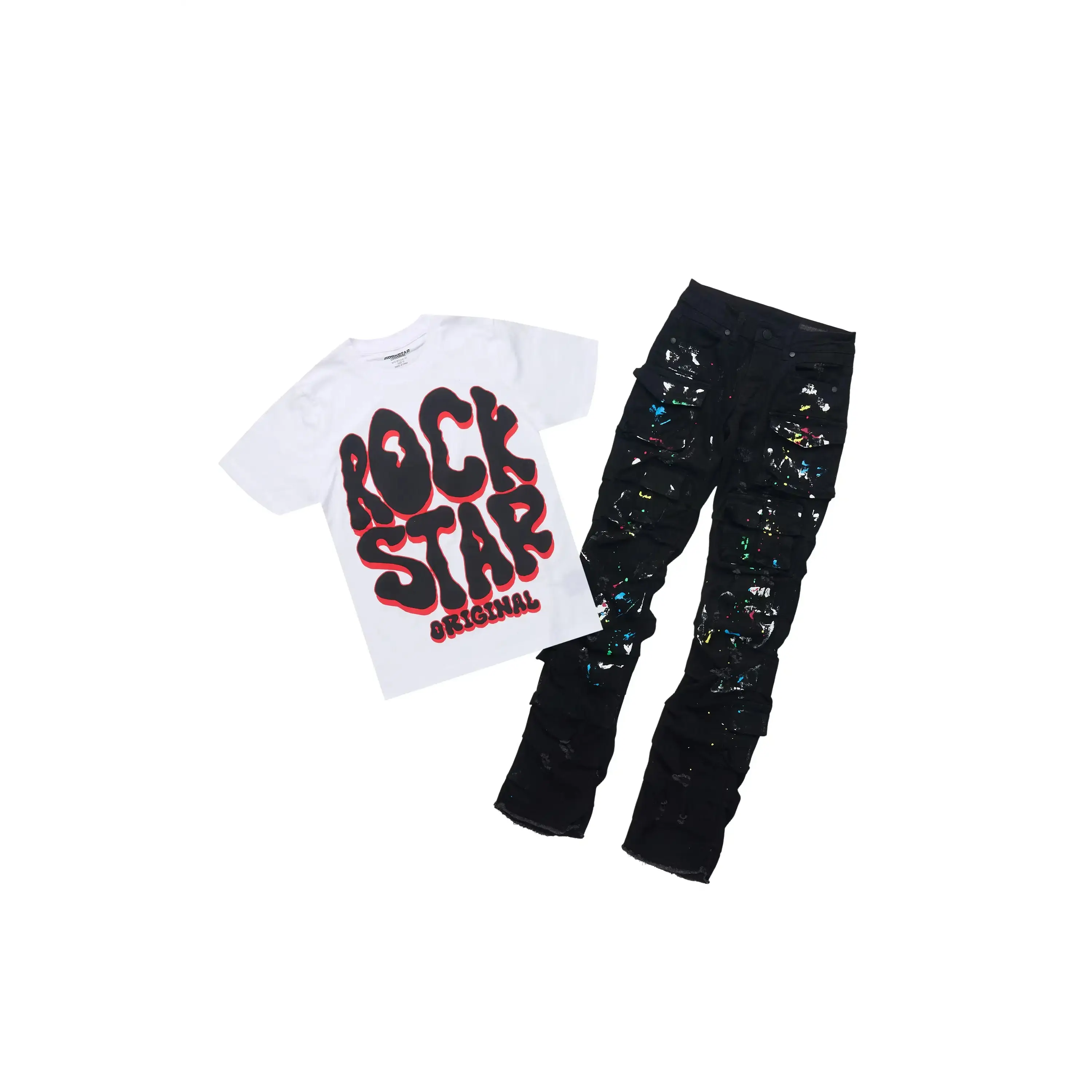 Boys Braddy White/Black T-Shirt/Stacked Painter Jean Set