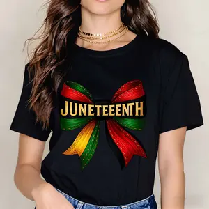 Juneteenth Ribbon Print T Shirt Black Casual Short Sleeve Top For Everyday Wear And Leisure Activities