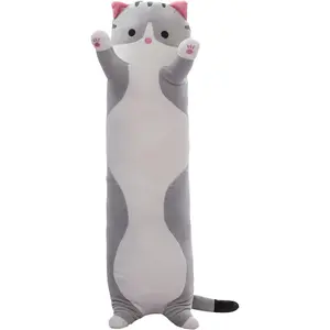 Cute Cat Plush Long Body Pillow Soft Cartoon Stuffed Animal Doll Kawaii Cat Plushie Toy Pillow Gifts for Kids Girls Girlfriend Gray 19.7 Inch
