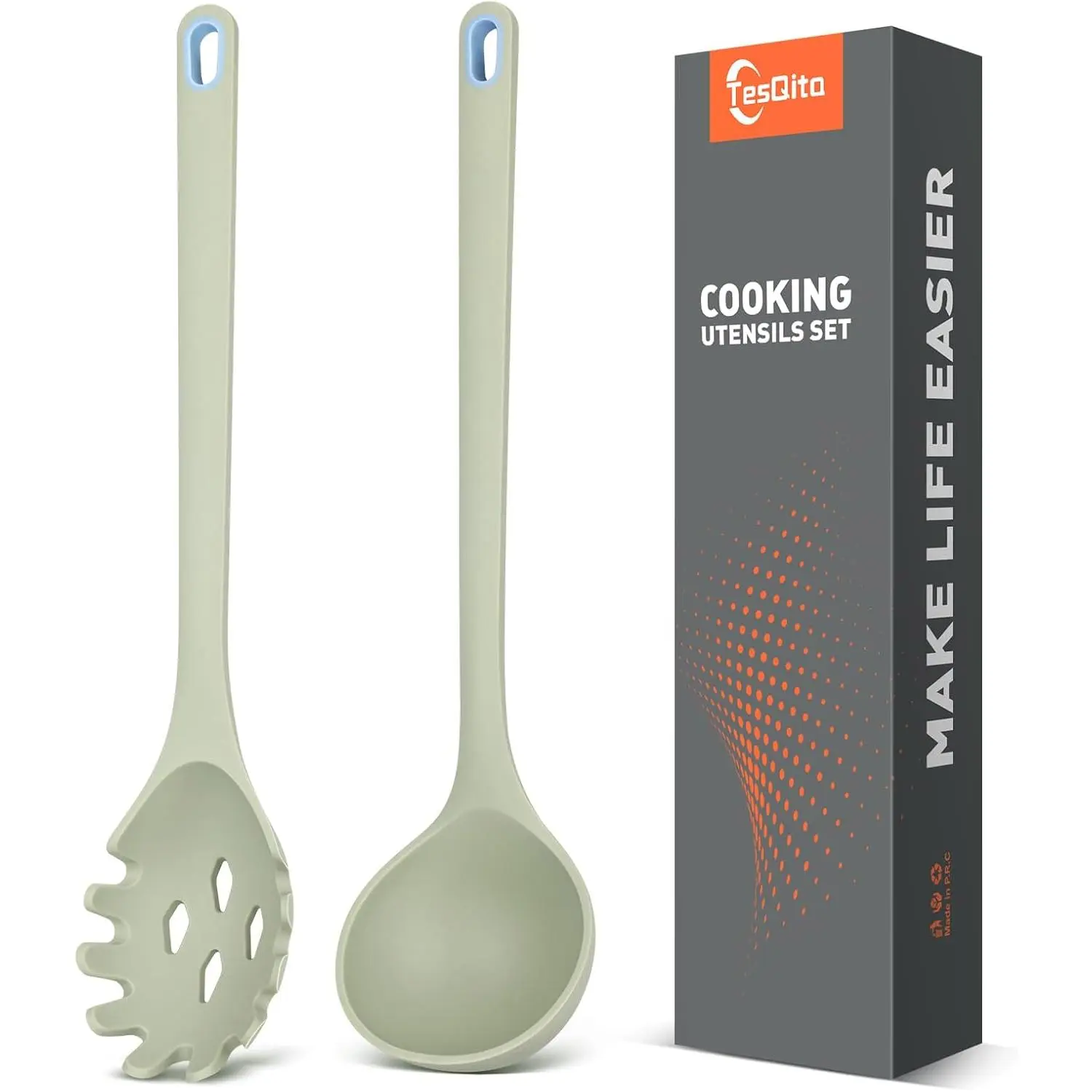 Silicone Spaghetti Spoon&Soup Ladle Cooking Utensils Set of 2,No Scratch for Nonstick Cookware,BPA Free, 450℉ Heat Resistant (Green)