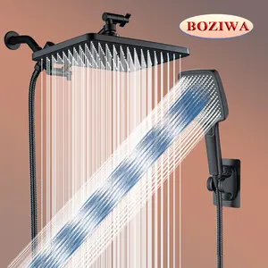 11.8'' high-pressure overhead shower provides full-body coverage. Comes with a 3-setting handheld shower head, a 59-inch stainless steel hose, a diverter, an adjustable extension arm, a shower holder, leak-proof washers, PTFE tape, bathroom accessories.