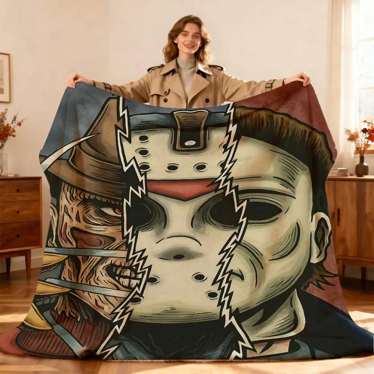 Split Horror Movie Villains Print Throw Blanket, Freddy vs Jason Themed Cozy Blanket, Soft Fluffy Lightweight Blanket for All Seasons, Anti-Pilling Washable Decorative Blanket