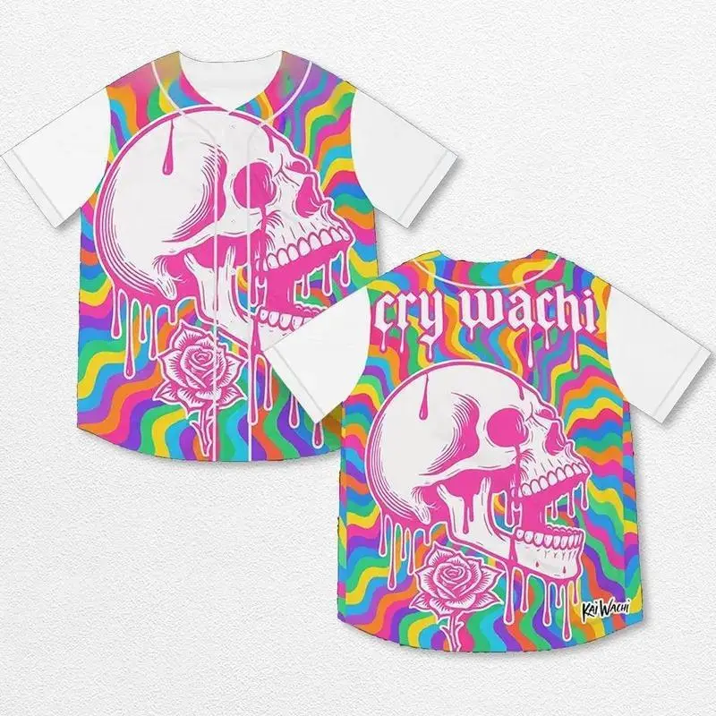 Kai Wachi Psychedelic Skull Baseball Jersey EDM Music Shirt, EDM Festival Family Gift, Unisex Breathable Men's Jersey, 420 Lover Graphic Shirt, Gift For Baseball Fan EDM Electronics Music