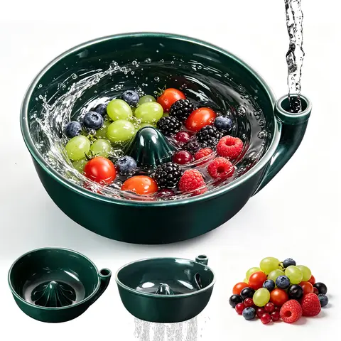 Green Glazed Ceramic Food Bowl with Drain Holes and Drain Pipe, Self-Rinsing Tableware for Fruit Serving, Automatic Cleaning of Strawberries and Blueberries, Ceramic Food Bowls