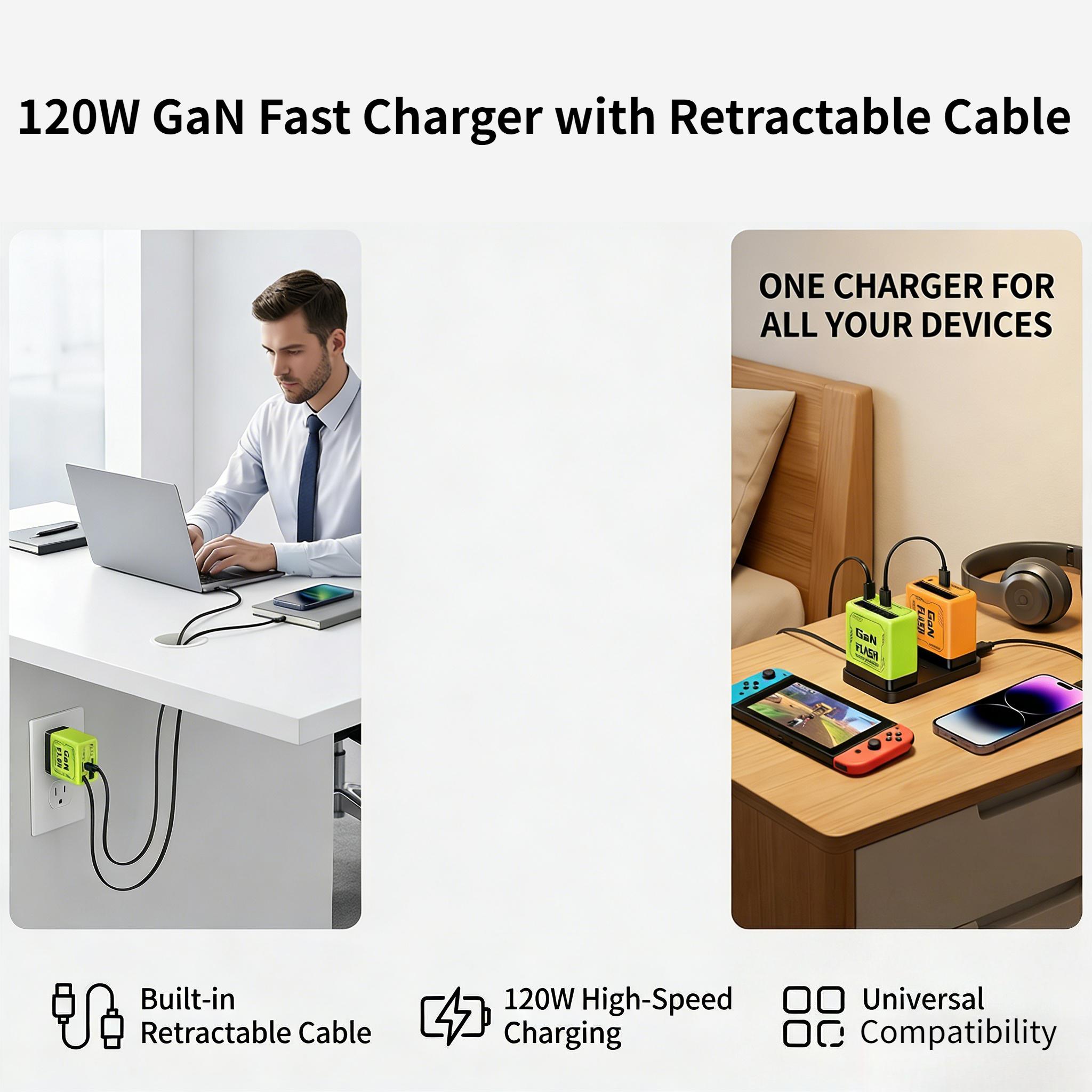 GaN 120W fast charger, USB C charger with retractable cable, travel charger for mobile phones and tablets