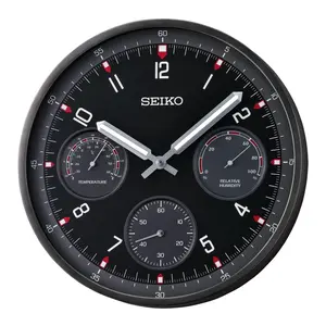 Seiko QXA823KLH "Shelby Watch Dial" Black Heritage Design Luminous Metal Wall Clock with Thermometer, Hygrometer, & Seconds Dial