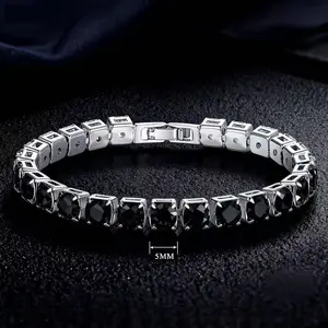 Iced Out Exquisite Trendy Cubic Zirconia Bangle, 5mm Copper-Plated Hip Hop Link Chain Bracelet with Black Cubic Zirconia Beads, Stainless Steel Accent, 17cm/19cm for Men & Women, Ideal for Party Wear, Travel Souvenirs
