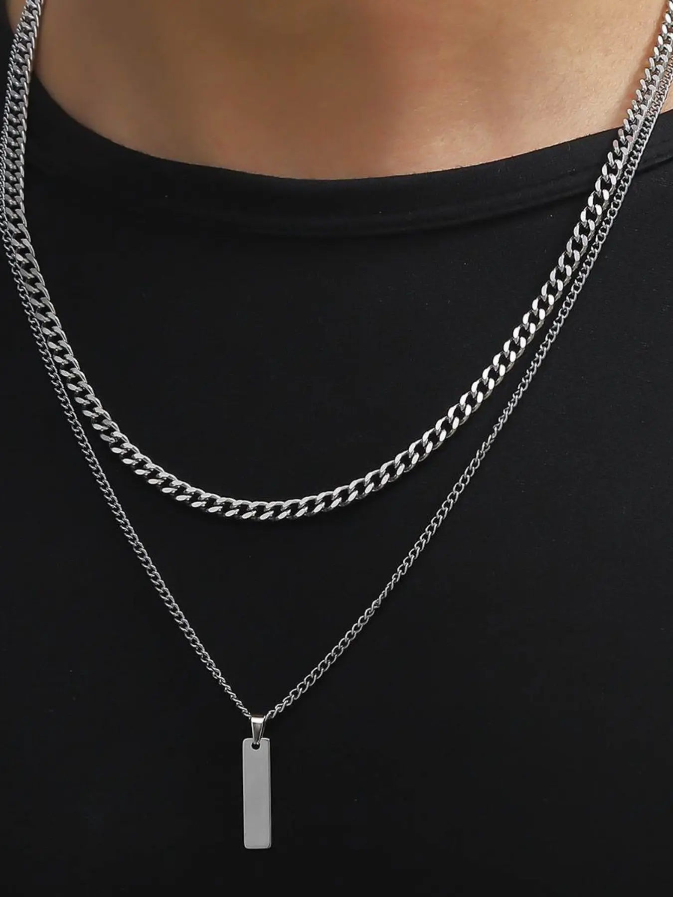 Two-piece chunky stainless steel double-layer chain necklace set, Chunky chain jewelry, Urban style necklace - blank pendant, Valentine's Day gift, everyday streetwear, party outfit, hip-hop style accessory suitable for men and women