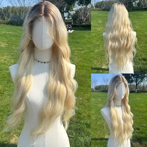 SMILCO/26 Inches Ombre Brown Ash Blonde Hybrid Lace Front Long Wave Synthetic Wig/SM1678-3