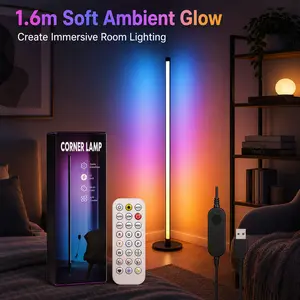 Smart RGBIC Corner Floor Lamp, 63 Inch USB Powered LED Floor Lamp with App and Remote Control, Color Changing Ambient Light with Round Base for Living Room, Bedroom, Gaming Room and Home Decor