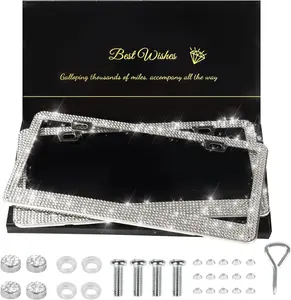 Bling License Plate Frames for Women, Sparkly Rhinestone Diamond Car Accessories with Glitter Crystal Caps