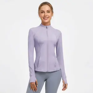 Women's Athletic Full Zip Lightweight Workout Jacket With Pockets Running Slim Fit Yoga Sportwear Long Sleeve Minimalist Autumn Medium Length Thumb Holes Athleisure