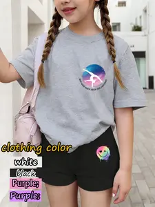 Kids Gymnastics Print Set, Artistic Gymnastics Slogan Tee & Rainbow Smiley Shorts, Casual Fitted Short Sleeve, 4-12 Years, Sportswear Set