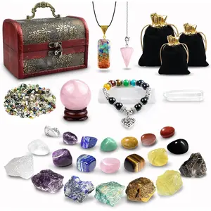 28-Piece Aesthetic 7 Chakra Healing Crystal Set for Beginners, Natural Gemstones with Wooden Box & Decorative Sign, Reiki Spiritual Energy Meditation Fengshui Ornament, Quirky Protection Gift (Home Decor) lovely