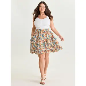 BLOOMCHIC Women's Plus Size Floral Print Ruffled Edge Polyester Fabric Mini Skirt with Pocket, Women's Bottom, M-6X Sizes 2026 Summer Vibes Swimweek