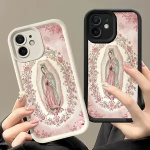 High quality pink bamboo Virgin Mary pattern Candy Colors Soft silicone phone case, non-slip and shock-proof, durable.Suitable for iPhone16promax, 16 15pro 14PLUS 13 12Pro 11 Pro Max 17 17Air  17Pro 17ProMax X XSMAX for daily use.