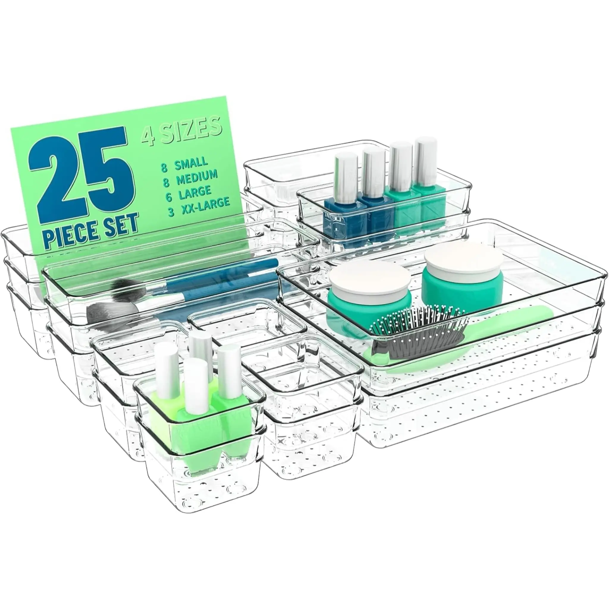 8/25 PCS Clear Plastic Drawer Organizers, 4-Size Stackable Vanity and Bathroom Storage Trays, Transparent Dividers for Makeup, Jewelry, Kitchen Gadgets, Utensils, Bedroom Accessories, Office Supplies, Apartment and Dorm Drawer Organization