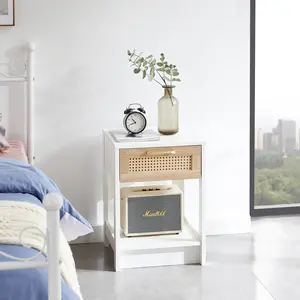 15.75in Rattan End Table with Drawer - White MDF Frame, 120LBS Weight Capacity, Easy Assembly, Modern Room Decor for Living Room, Bedroom (Nightstand & Side Table Alternative)
