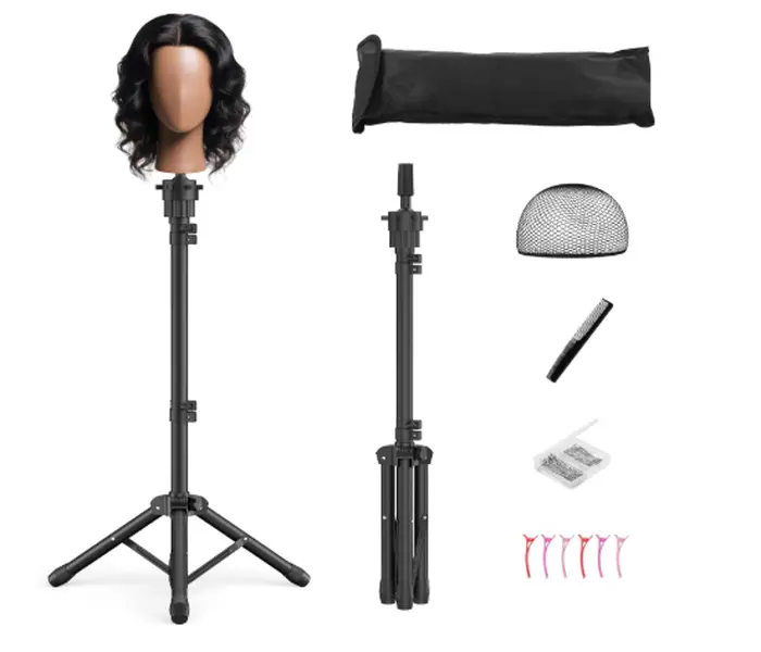 50 Inch Adjustable Mannequin Head Stand, Wig Head Stand for Cosmetology, Hairdressing Training - Includes T-Pins, Comb, Hair Clips & Carrying Bag